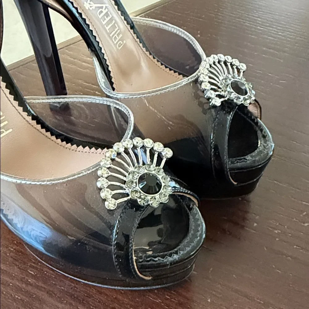 Vintage retro pinup lucite Black Platform Heels with Ankle Strap